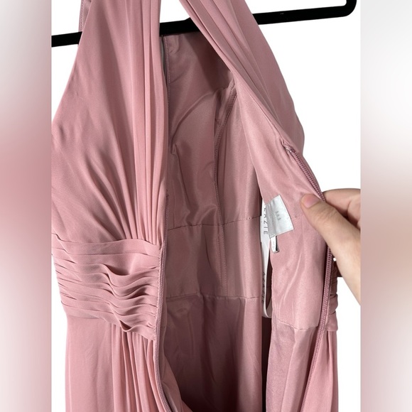Azazie “Bonnie” chiffon A-line bridesmaid long dress, S halter neckline ruched - Picture 11 of 15